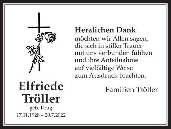 Traueranzeige von Elfriede Tröller von Giessener Allgemeine, Alsfelder Allgemeine