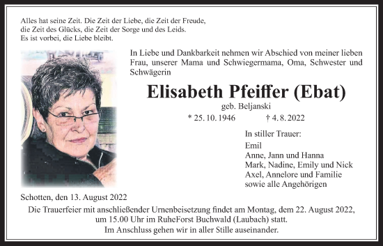 Traueranzeige von Elisabeth Pfeiffer von Kreis-Anzeiger