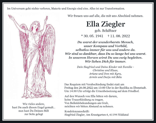 Traueranzeige von Ella Ziegler von Wetterauer Zeitung