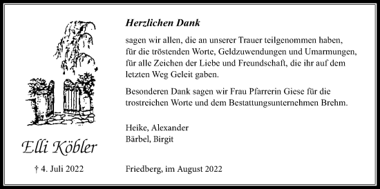 Traueranzeige von Elli Köbler von Wetterauer Zeitung
