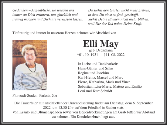 Traueranzeige von Elli May von Wetterauer Zeitung