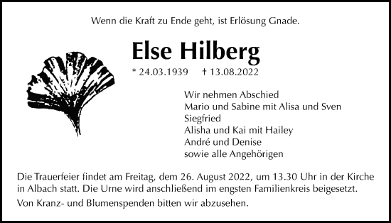 Traueranzeige von Else Hilberg von Giessener Allgemeine, Alsfelder Allgemeine, Giessener Anzeiger