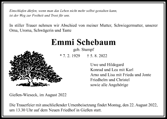 Traueranzeige von Emmi Schebaum von Giessener Allgemeine, Alsfelder Allgemeine