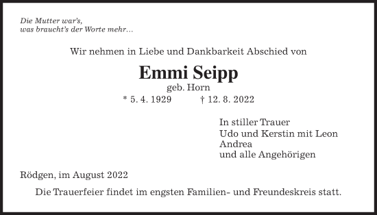 Traueranzeige von Emmi Seipp von Giessener Allgemeine, Alsfelder Allgemeine, Giessener Anzeiger
