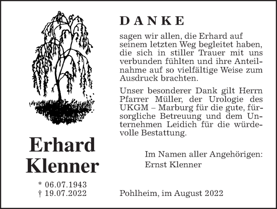 Traueranzeige von Erhard Klenner von Pohlheimer Nachrichten