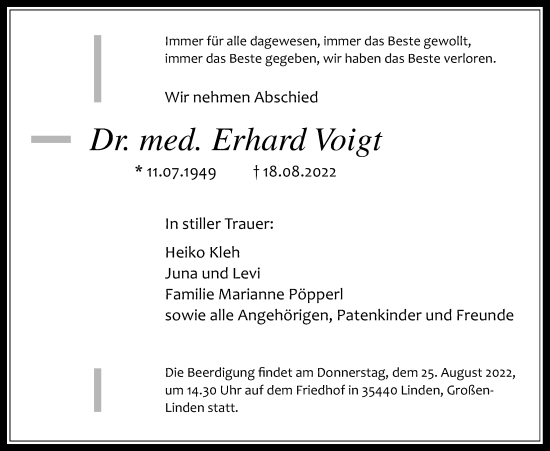 Traueranzeige von Erhard Voigt von Giessener Allgemeine, Alsfelder Allgemeine, Giessener Anzeiger