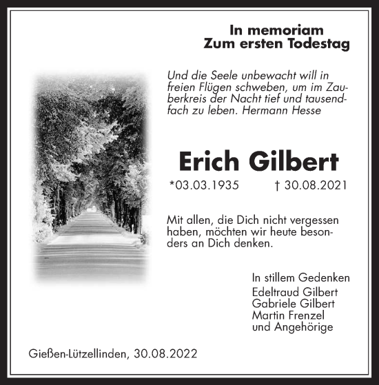 Traueranzeige von Erich Gilbert von Giessener Allgemeine, Alsfelder Allgemeine