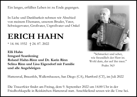 Traueranzeige von Erich Hahn von Giessener Anzeiger