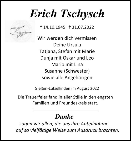 Traueranzeige von Erich Tschysch von Giessener Anzeiger