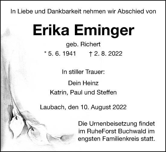 Traueranzeige von Erika Eminger von Laubacher Anzeiger