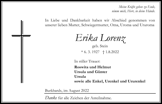 Traueranzeige von Erika Lorenz von Kreis-Anzeiger