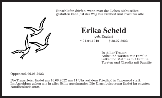 Traueranzeige von Erika Scheld von Giessener Allgemeine, Alsfelder Allgemeine, Giessener Anzeiger