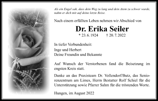 Traueranzeige von Erika Seiler von Licher Wochenblatt
