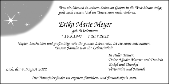 Traueranzeige von Erika Marie Meyer von Licher Wochenblatt