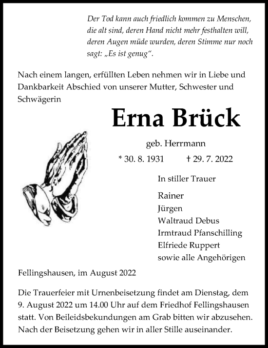 Traueranzeige von Erna Brück von Giessener Allgemeine, Alsfelder Allgemeine