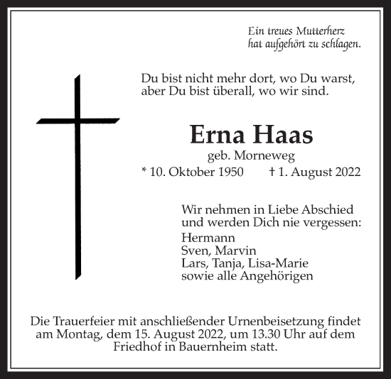 Traueranzeige von Erna Haas von Wetterauer Zeitung