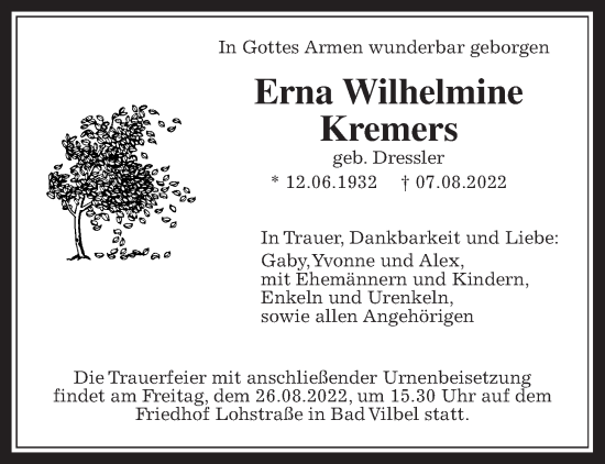Traueranzeige von Erna Wilhelmine Kremers von Bad Vilbel/Karben