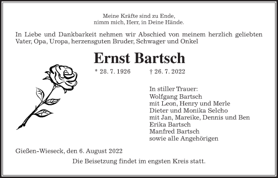 Traueranzeige von Ernst Bartsch von Giessener Allgemeine, Alsfelder Allgemeine, Giessener Anzeiger