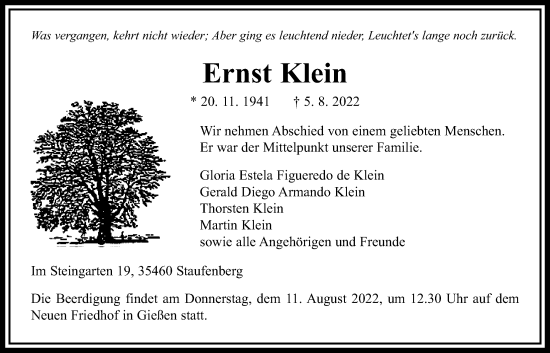 Traueranzeige von Ernst Klein von Giessener Anzeiger