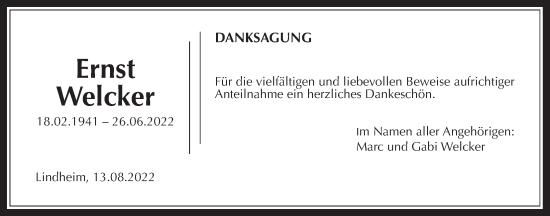 Traueranzeige von Ernst Welcker von Kreis-Anzeiger