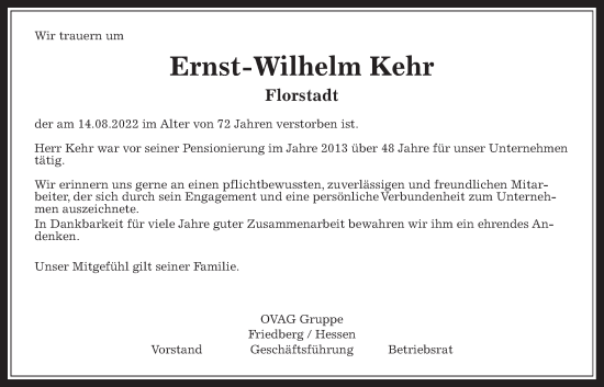 Traueranzeige von Ernst-Wilhelm Kehr von Wetterauer Zeitung