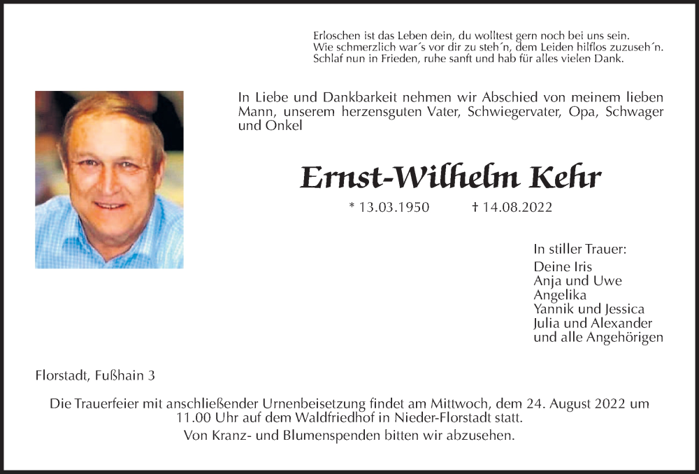  Traueranzeige für Ernst-Wilhelm Kehr vom 20.08.2022 aus Wetterauer Zeitung