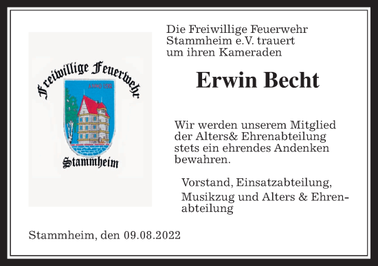 Traueranzeige von Erwin Becht von Wetterauer Zeitung