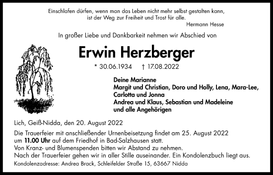 Traueranzeige von Erwin Herzberger von Kreis-Anzeiger