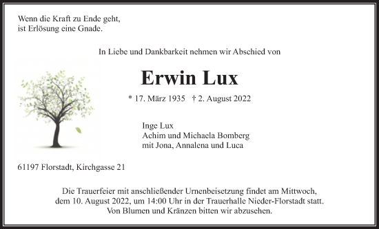 Traueranzeige von Erwin Lux von Wetterauer Zeitung