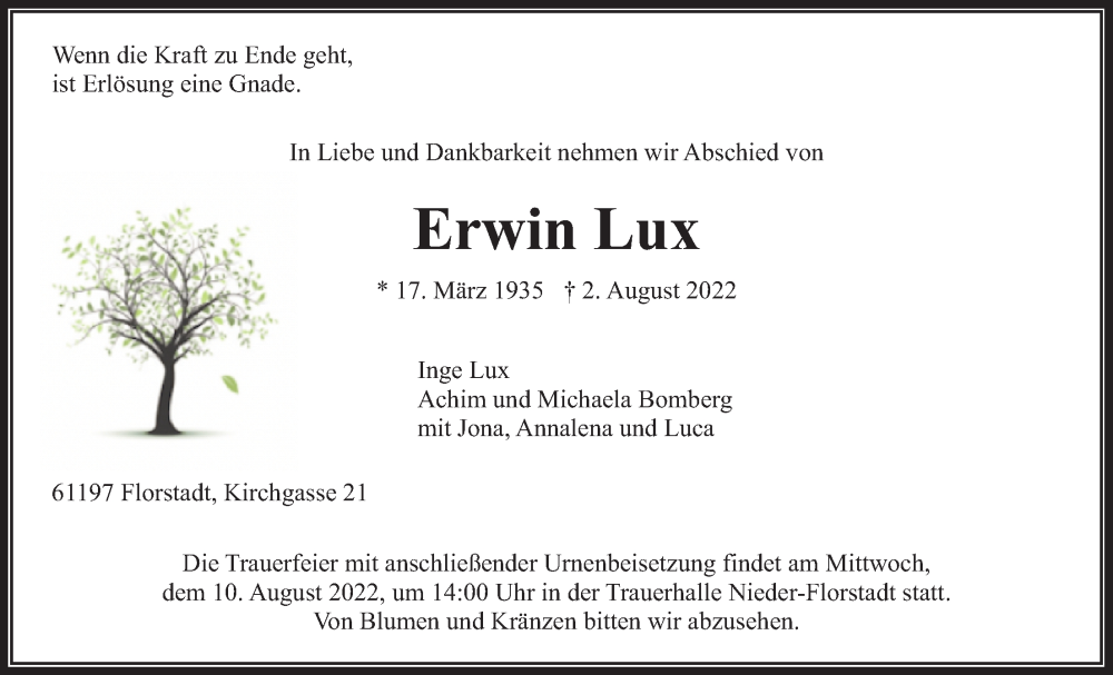  Traueranzeige für Erwin Lux vom 06.08.2022 aus Wetterauer Zeitung
