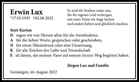 Traueranzeige von Erwin Lux von Wetterauer Zeitung