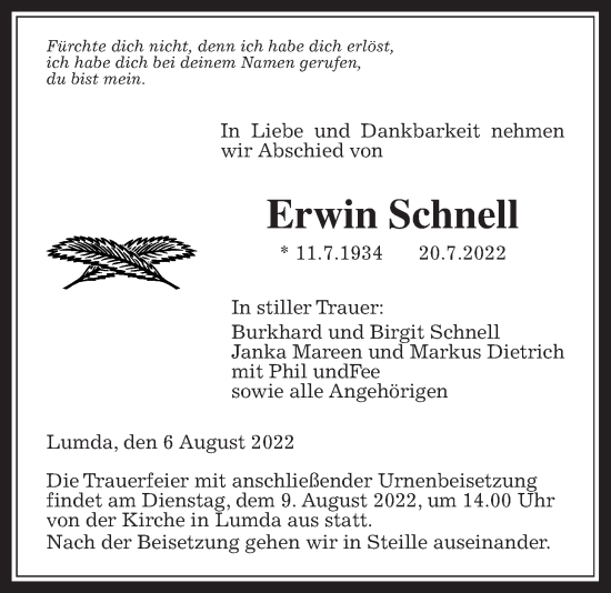 Traueranzeige von Erwin Schnell von Giessener Allgemeine, Alsfelder Allgemeine