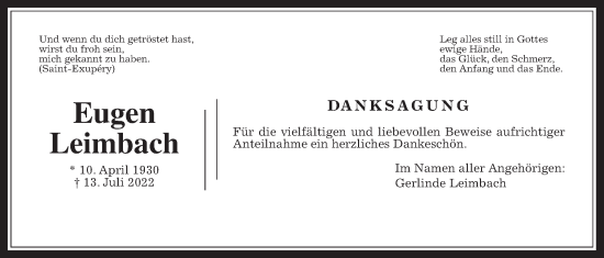 Traueranzeige von Eugen Leimbach von Bad Vilbel/Karben