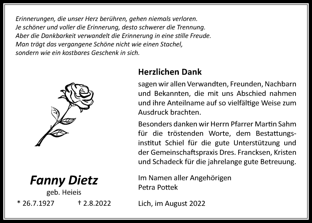  Traueranzeige für Fanny Dietz vom 25.08.2022 aus Licher Wochenblatt