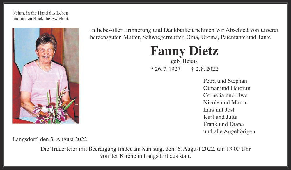  Traueranzeige für Fanny Dietz vom 04.08.2022 aus Giessener Allgemeine, Alsfelder Allgemeine, Giessener Anzeiger