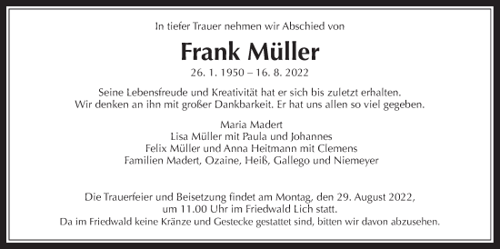 Traueranzeige von Frank Müller von Giessener Allgemeine, Alsfelder Allgemeine, Giessener Anzeiger