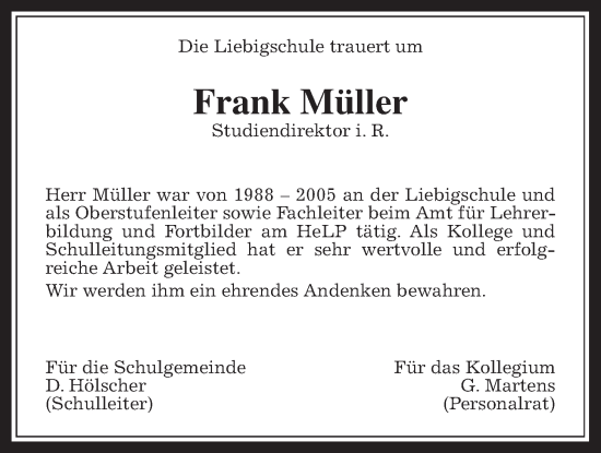 Traueranzeige von Frank Müller von Giessener Allgemeine, Alsfelder Allgemeine, Giessener Anzeiger
