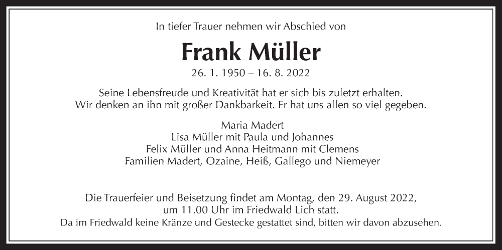  Traueranzeige für Frank Müller vom 24.08.2022 aus Giessener Allgemeine, Alsfelder Allgemeine, Giessener Anzeiger
