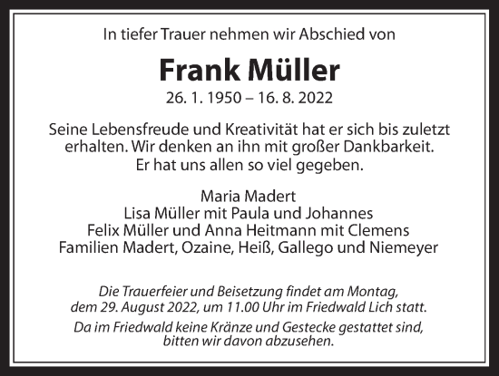 Traueranzeige von Frank Müller von Licher Wochenblatt
