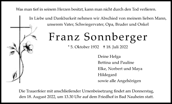 Traueranzeige von Franz Sonnberger von Wetterauer Zeitung