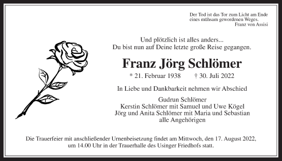 Traueranzeige von Franz Jörg Schlömer von Usinger Anzeiger