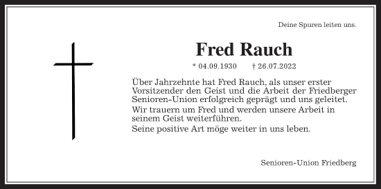Traueranzeige von Fred Rauch von Wetterauer Zeitung