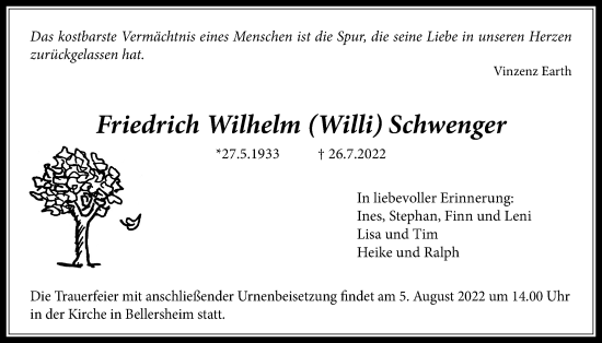 Traueranzeige von Friedrich Wilhelm Schwenger von Licher Wochenblatt