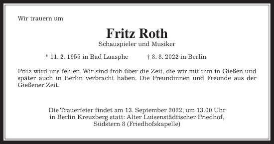 Traueranzeige von Fritz Roth von Giessener Allgemeine, Alsfelder Allgemeine, Giessener Anzeiger