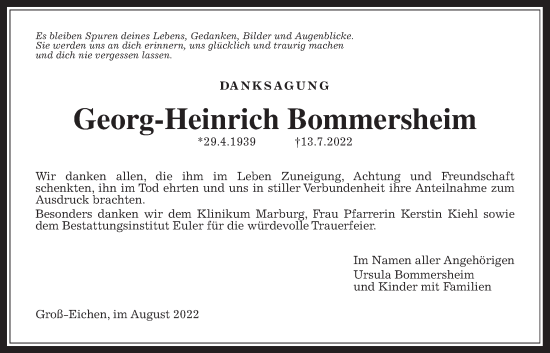 Traueranzeige von Georg-Heinrich Bommersheim von Giessener Allgemeine, Alsfelder Allgemeine