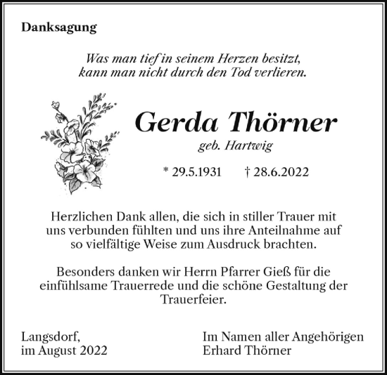 Traueranzeige von Gerda Thörner von Licher Wochenblatt