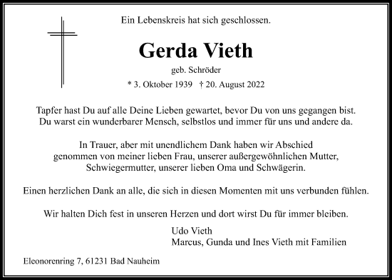 Traueranzeige von Gerda Vieth von Wetterauer Zeitung