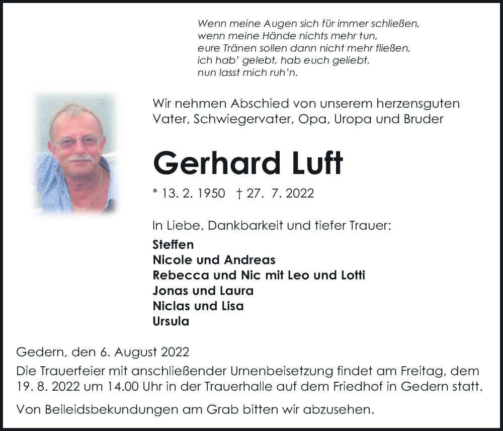  Traueranzeige für Gerhard Luft vom 06.08.2022 aus Kreis-Anzeiger