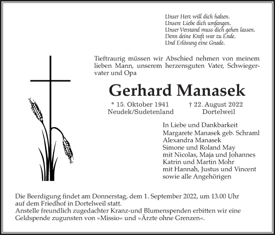 Traueranzeige von Gerhard Manasek von Bad Vilbel/Karben