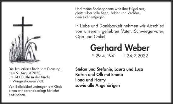 Traueranzeige von Gerhard Weber von Kreis-Anzeiger